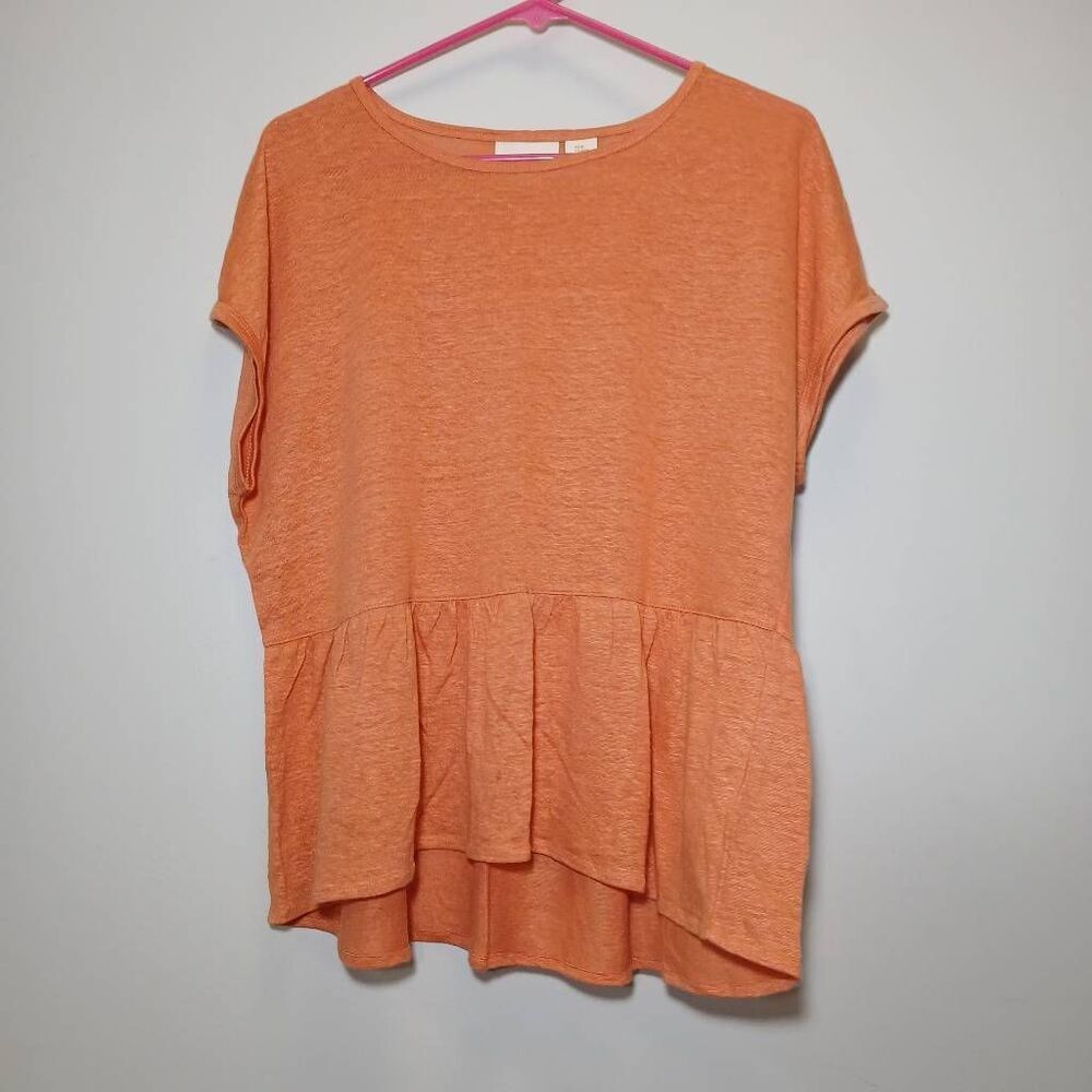 Cynthia Rowley womens medium 100% linen knit top peplum shirt orange